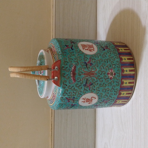 Vintage 1960's Porcelain Chinese Mun Shou Longevity Teal Blue Tea Pot - Picture 4 of 7